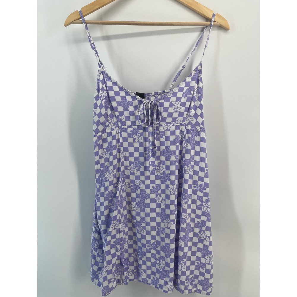 Wild Fable Purple Checkered Floral Mini Dress Empire Waist Tie Front L Fairycore